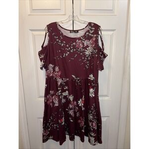 BEDOAR Women's Summer Plus Size 22 Burgundy Floral Cold Shoulder Casual Dress